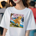 ゴールデンレトリバー Tシャツ レディース 犬ファン 半袖 春夏 犬柄 プリント カジュアル かわいい 人間用 個性派 ここだけのデザイン 面白 桜 ゴールデンレトリバー 春 花見