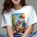 コーギー Tシャツ レディース 犬ファン 半袖 春夏 犬柄 プリント カジュアル かわいい 人間用 個性派 ここだけのデザイン 面白 ジュース コーギー パイナップル ビーチパラソル ヤシの木