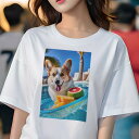 コーギー Tシャツ レディース 犬ファン 半袖 春夏 犬柄 プリント カジュアル かわいい 人間用 個性派 ここだけのデザイン 面白 プール コーギー スイカ マンゴー 夏