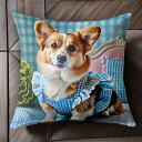 ギンガムチェック コーギー ワンピース クッションカバー 45×45cm アニマル柄 おしゃれ 可愛い クッション本体付き 正方形 犬ファン