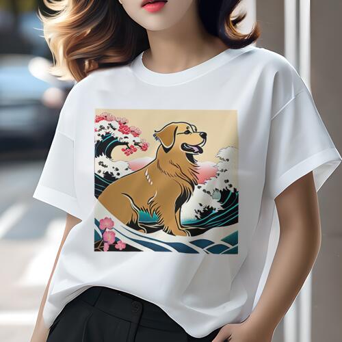 ゴールデンレトリバー Tシャツ レディース 犬ファン 半袖 春夏 犬柄 プリント カジュアル かわいい 人間用 個性派 ここだけのデザイン 面白 波 ゴールデンレトリバー 花 山