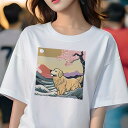 ゴールデンレトリバー Tシャツ レディース 犬ファン 半袖 春夏 犬柄 プリント カジュアル かわいい 人間用 個性派 ここだけのデザイン 面白 桜 ゴールデンレトリバー 月 波 風景