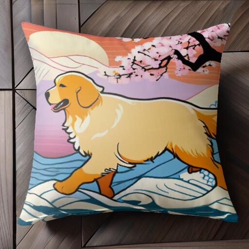 波 ゴールデンレトリバー 桜 夕焼け 日本画 クッションカバー 45×45cm アニマル柄 おしゃれ 可愛い クッション本体付き 正方形 犬ファン