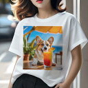 コーギー Tシャツ レディース 犬ファン 半袖 春夏 犬柄 プリント カジュアル かわいい 人間用 個性派 ここだけのデザイン 面白 飲み物 コーギー ジュース ビーチ 傘 植物