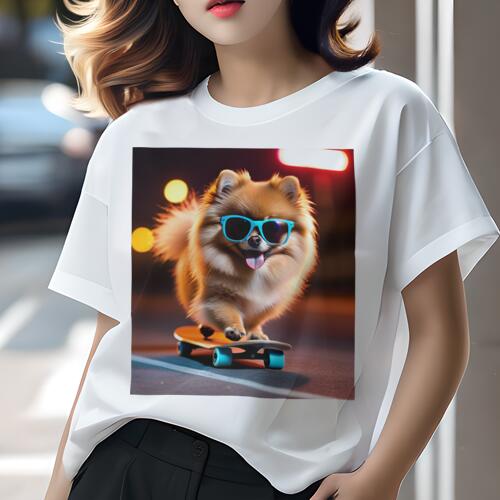 ポメラニアン Tシャツ レディース 犬ファン 半袖 春夏 犬柄 プリント カジュアル かわいい 人間用 個性派 ここだけのデザイン 面白 スケートボード ポメラニアン サングラス