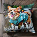 雨 コーギー レインコート 水たまり 道路 車 クッションカバー 45×45cm アニマル柄 おしゃれ 可愛い クッション本体付き 正方形 犬ファン