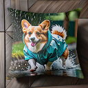 雨 コーギー レインコート 散歩 水たまり クッションカバー 45×45cm アニマル柄 おしゃれ 可愛い クッション本体付き 正方形 犬ファン