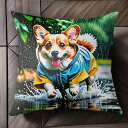 雨 コーギー レインコート 水たまり クッションカバー 45×45cm アニマル柄 おしゃれ 可愛い クッション本体付き 正方形 犬ファン
