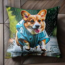雨 コーギー レインコート 水たまり 水しぶき クッションカバー 45×45cm アニマル柄 おしゃれ 可愛い クッション本体付き 正方形 犬ファン