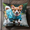 雨 コーギー レインコート 水たまり クッションカバー 45×45cm アニマル柄 おしゃれ 可愛い クッション本体付き 正方形 犬ファン