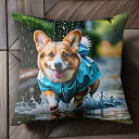 雨 コーギー 傘 レインコート 水たまり クッションカバー 45×45cm アニマル柄 おしゃれ 可愛い クッション本体付き 正方形 犬ファン