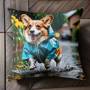 雨 コーギー レインコート 水たまり 花 クッションカバー 45×45cm アニマル柄 おしゃれ 可愛い クッション本体付き 正方形 犬ファン
