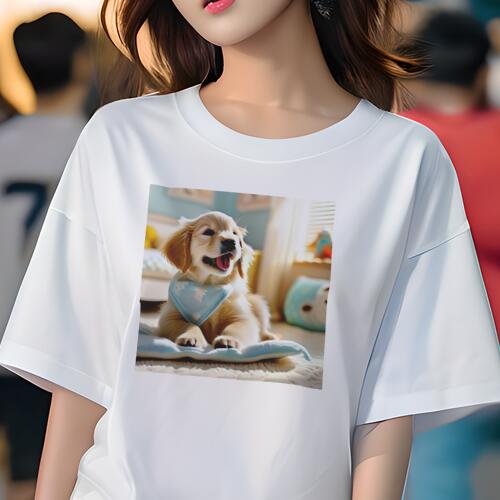 ゴールデンレトリバー Tシャツ レディース 犬ファン 半袖 春夏 犬柄 プリント カジュアル かわいい 人間用 個性派 ここだけのデザイン 面白 子犬 ゴールデンレトリバー バンダナ クッション 室内
