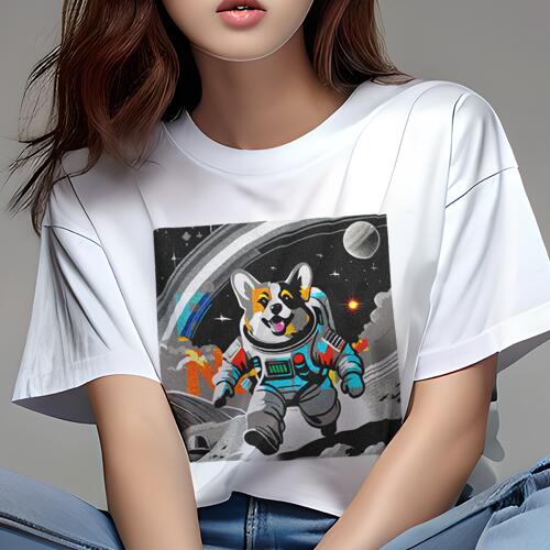 コーギー Tシャツ レディース 犬ファン 半袖 春夏 犬柄 プリント カジュアル かわいい 人間用 個性派 ここだけのデザイン 面白 宇宙 コーギー 月 宇宙飛行士