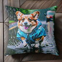 雨 コーギー レインコート 水たまり クッションカバー 45×45cm アニマル柄 おしゃれ 可愛い クッション本体付き 正方形 犬ファン