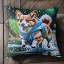 雨 コーギー レインコート 水たまり しぶき クッションカバー 45×45cm アニマル柄 おしゃれ 可愛い クッション本体付き 正方形 犬ファン