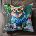 雨 コーギー レインコート 水たまり クッションカバー 45×45cm アニマル柄 おしゃれ 可愛い クッション本体付き 正方形 犬ファン