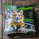 雨 コーギー レインコート クッションカバー 45×45cm アニマル柄 おしゃれ 可愛い クッション本体付き 正方形 犬ファン
