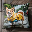 雨 コーギー レインコート 水たまり クッションカバー 45×45cm アニマル柄 おしゃれ 可愛い クッション本体付き 正方形 犬ファン