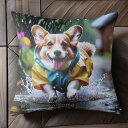 雨 コーギー レインコート クッションカバー 45×45cm アニマル柄 おしゃれ 可愛い クッション本体付き 正方形 犬ファン