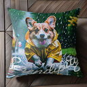 雨 コーギー レインコート 水たまり クッションカバー 45×45cm アニマル柄 おしゃれ 可愛い クッション本体付き 正方形 犬ファン