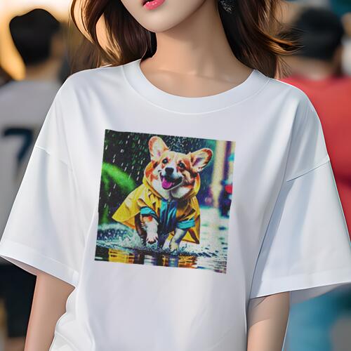 コーギー Tシャツ レディース 犬ファン 半袖 春夏 犬柄 プリント カジュアル かわいい 人間用 個性派 ここだけのデザイン 面白 雨 コーギー レインコート 散歩 水たまり