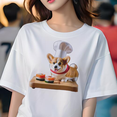 コーギー Tシャツ レディース 犬ファン 半袖 春夏 犬柄 プリント カジュアル かわいい 人間用 個性派 ここだけのデザイン 面白 寿司 コーギー シェフハット コック帽