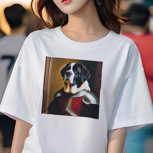セントバーナード Tシャツ レディース 犬ファン 半袖 春夏 犬柄 プリント カジュアル かわいい 人間用 個性派 ここだけのデザイン 面白 肖像画 セントバーナード 鎧 王侯貴族