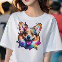 コーギー Tシャツ レディース 犬ファン 半袖 春夏 犬柄 プリント カジュアル かわいい 人間用 個性派 ここだけのデザイン 面白 アート コーギー ポップアート カラフル スプラッシュ