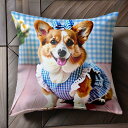 花 コーギー リボン チェック柄 ワンピース クッションカバー 45×45cm アニマル柄 おしゃれ 可愛い クッション本体付き 正方形 犬ファン