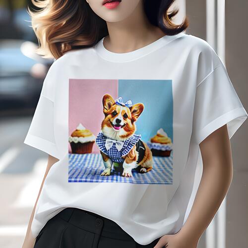コーギー Tシャツ レディース 犬ファン 半袖 春夏 犬柄 プリント カジュアル かわいい 人間用 個性派 ここだけのデザイン 面白 カップケーキ コーギー リボン チェック柄