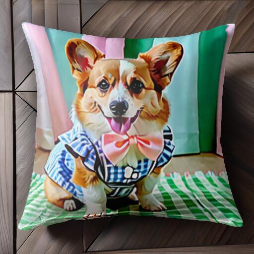 蝶ネクタイ コーギー チェック柄 カーテン クッションカバー 45×45cm アニマル柄 おしゃれ 可愛い クッション本体付き 正方形 犬ファン