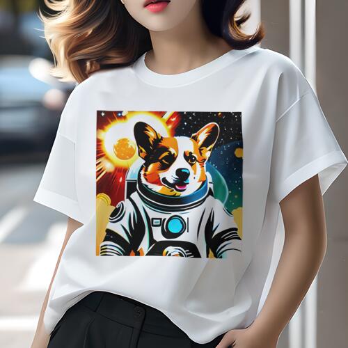 コーギー Tシャツ レディース 犬ファン 半袖 春夏 犬柄 プリント カジュアル かわいい 人間用 個性派 ここだけのデザイン 面白 宇宙 コーギー 宇宙飛行士 星 惑星