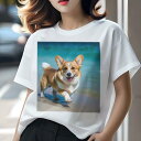 ウェルシュコーギー Tシャツ レディース 犬ファン 半袖 春夏 犬柄 プリント カジュアル かわいい 人間用 個性派 ここだけのデザイン 面白 海 ウェルシュコーギー 砂浜 夏 休暇