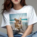 コーギー Tシャツ レディース 犬ファン 半袖 春夏 犬柄 プリント カジュアル かわいい 人間用 個性派 ここだけのデザイン 面白 ビーチ コーギー 海 夏 休暇