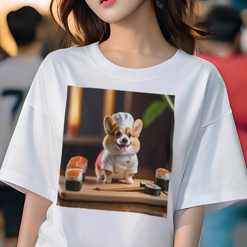 コーギー Tシャツ レディース 犬ファン 半袖 春夏 犬柄 プリント カジュアル かわいい 人間用 個性派 ここだけのデザイン 面白 寿司 コーギー シェフの帽子 コックコート(4)