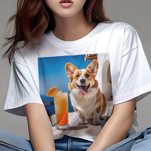 コーギー Tシャツ レディース 犬ファン 半袖 春夏 犬柄 プリント カジュアル かわいい 人間用 個性派 ここだけのデザイン 面白 カクテル コーギー ビーチ 海