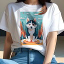 シベリアンハスキー Tシャツ レディース 犬ファン 半袖 春夏 犬柄 プリント カジュアル かわいい 人間用 個性派 ここだけのデザイン 面白 空 シベリアンハスキー 雲 星 木(4)