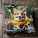 雨 コーギー レインコート 水たまり クッションカバー 45×45cm アニマル柄 おしゃれ 可愛い クッション本体付き 正方形 犬ファン