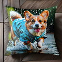 雨 コーギー レインコート 水たまり クッションカバー 45×45cm アニマル柄 おしゃれ 可愛い クッション本体付き 正方形 犬ファン
