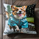雨 コーギー レインコート 水たまり クッションカバー 45×45cm アニマル柄 おしゃれ 可愛い クッション本体付き 正方形 犬ファン