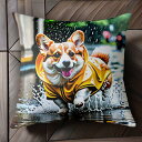 雨 コーギー レインコート 水たまり クッションカバー 45×45cm アニマル柄 おしゃれ 可愛い クッション本体付き 正方形 犬ファン