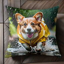 雨 コーギー レインコート クッションカバー 45×45cm アニマル柄 おしゃれ 可愛い クッション本体付き 正方形 犬ファン