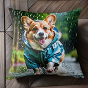 雨 コーギー レインコート 水たまり クッションカバー 45×45cm アニマル柄 おしゃれ 可愛い クッション本体付き 正方形 犬ファン