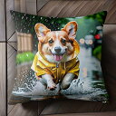 雨 コーギー レインコート 水たまり クッションカバー 45×45cm アニマル柄 おしゃれ 可愛い クッション本体付き 正方形 犬ファン