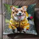 雨 コーギー レインコート クッションカバー 45×45cm アニマル柄 おしゃれ 可愛い クッション本体付き 正方形 犬ファン