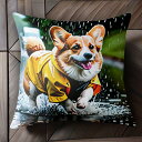 雨 コーギー レインコート クッションカバー 45×45cm アニマル柄 おしゃれ 可愛い クッション本体付き 正方形 犬ファン