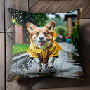 雨 コーギー レインコート 水たまり クッションカバー 45×45cm アニマル柄 おしゃれ 可愛い クッション本体付き 正方形 犬ファン