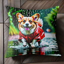 雨 コーギー レインコート 水たまり クッションカバー 45×45cm アニマル柄 おしゃれ 可愛い クッション本体付き 正方形 犬ファン