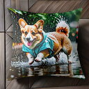 雨 コーギー レインコート 水たまり クッションカバー 45×45cm アニマル柄 おしゃれ 可愛い クッション本体付き 正方形 犬ファン
